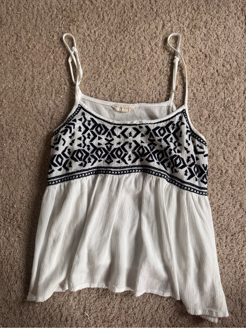Francesca's White Tank Top Blouse with Black Geometric Embroidery